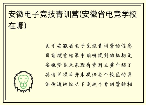 安徽电子竞技青训营(安徽省电竞学校在哪)